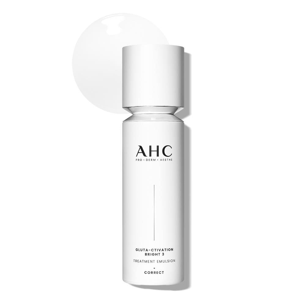 ProtoClinical k-beauty AHC GLUTA-CTIVATION BRIGHT 3 TREATMENT EMULSION 100ml single upright emulsion bottle centered on a white background with soft beige diagonal accents