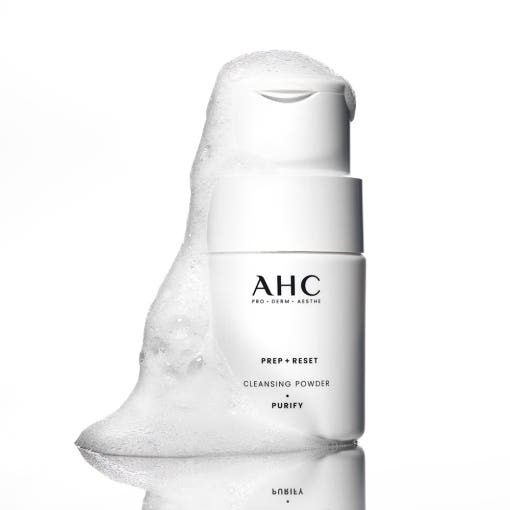 AHC PREP + RESET Cleansing Powder 40g by ProtoClinical presented in a product packshot for a k-beauty skincare routine.
