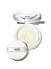 ProtoClinical k-beauty AHC Safe On Cica Calming Sun Cushion EX SPF50+ PA++++ 25g open silver sun cushion compact with a pale yellow cushion insert and white AHC puff on a white background