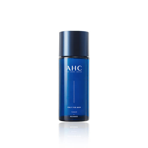 ProtoClinical k-beauty AHC Only For Men Toner 150ml single upright blue toner bottle centered on a white background with soft peach side accents