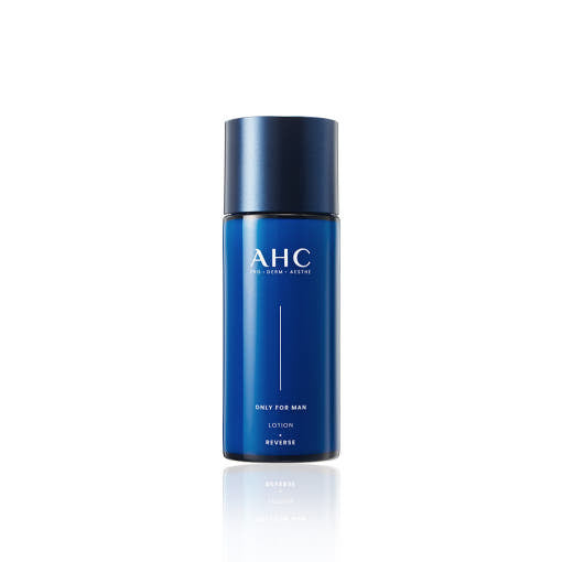 ProtoClinical k-beauty AHC Only For Men Lotion 150ml single upright dark blue lotion bottle centered on a white background with soft peach side accents