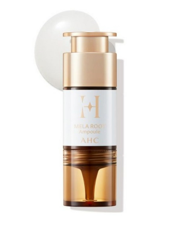 ProtoClinical k-beauty AHC H Mela Root Ampoule 10ml single amber ampoule bottle centered on a pale blue and white background