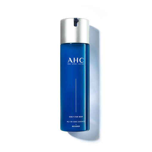 ProtoClinical k-beauty AHC Only For Man All In One Essence 200ml single upright blue essence bottle centered on a pale blue and white background