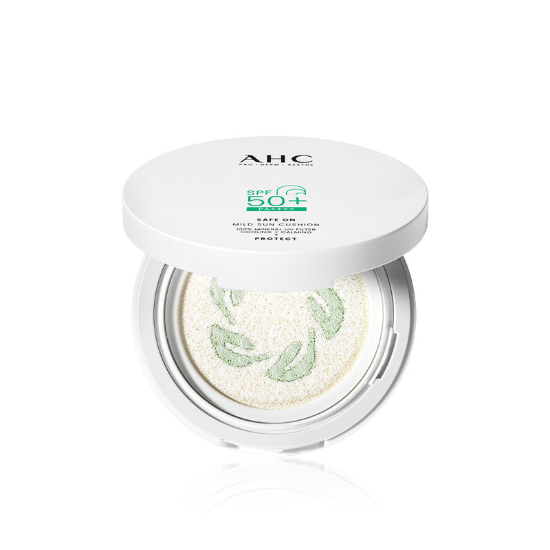 ProtoClinical k-beauty AHC Safe On Mild Sun Cushion SPF50+ PA++++25g single pale sun cushion compact centered on a light background with soft gray side shadows.