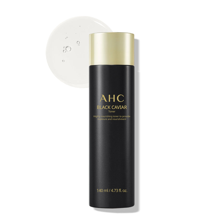 ProtoClinical k-beauty AHC Black Caviar Toner 140ml black toner bottle held near an open palm on a pale blue and white background