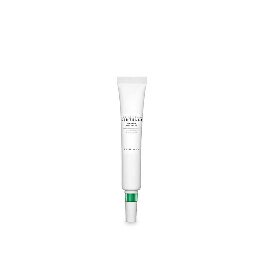ProtoClinical k-beauty SKIN1004: Madagascar Centella Tea-trica Spot Cream (20ml) in a centered upright white spot cream tube with a metallic green collar and light gray cap on a white background
