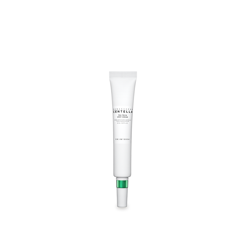 ProtoClinical k-beauty SKIN1004: Madagascar Centella Tea-trica Spot Cream (20ml) in a centered upright white spot cream tube with a metallic green collar and light gray cap on a white background