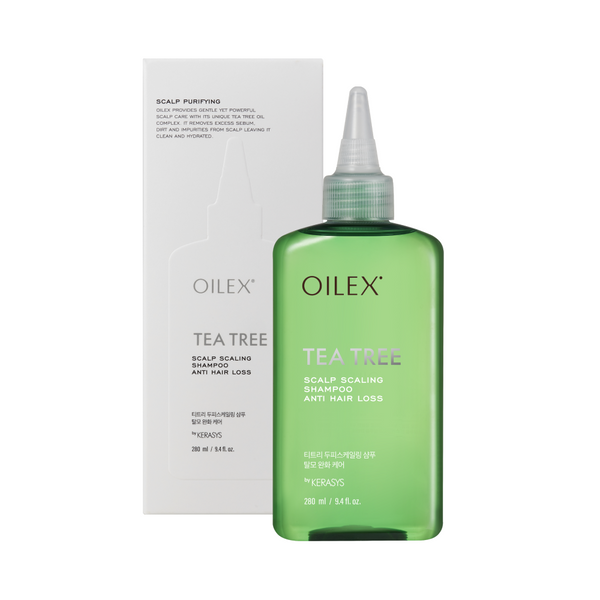 Kerasys Oilex Tea Tree Scaling Shampoo 280ml by ProtoClinical displayed in product packaging on a white background, highlighting the tea tree shampoo bottle for a k-beauty hair care routine.