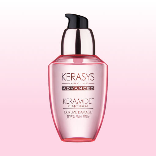 Kerasys Keramide Extreme Damage Repair Serum 70ml by ProtoClinical shown in hair serum packaging on a clean white background, highlighting the damage repair bottle design for a k-beauty hair care routine.