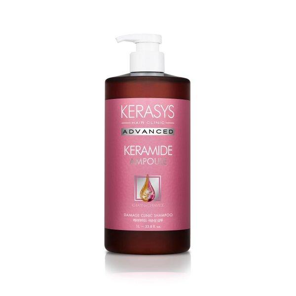 Kerasys Advanced Keramide Ampoule Damage Clinic Shampoo 1L by ProtoClinical shown in shampoo packaging on a clean white background, highlighting the keramide damage care bottle for a k-beauty hair care routine.