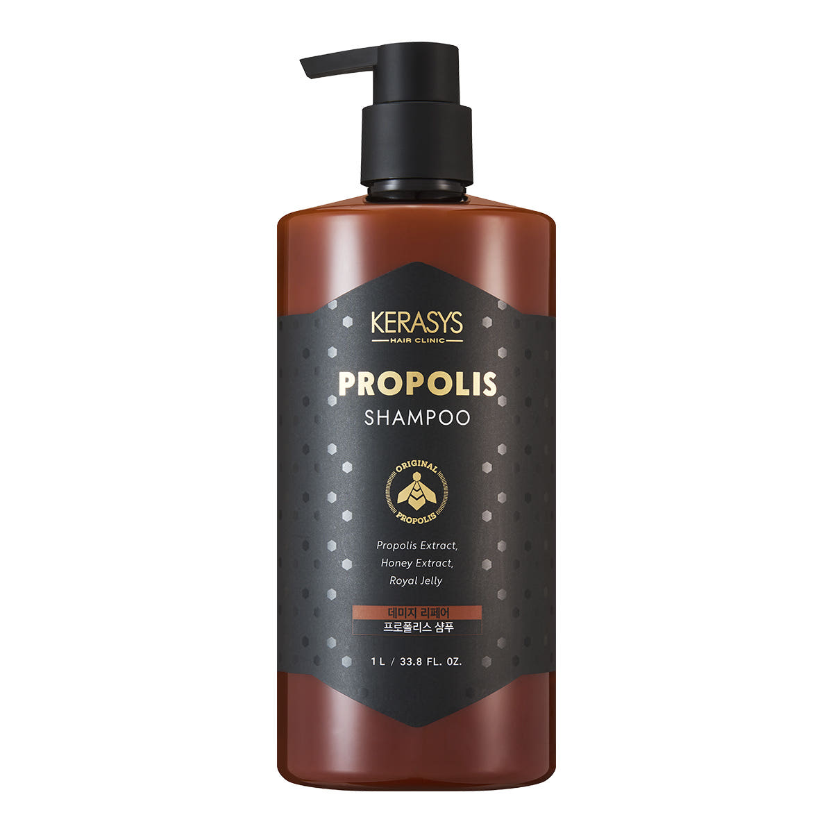 ProtoClinical k-beauty Kerasys Damage Repair Propolis Shampoo 1L single upright shampoo bottle on a white background.