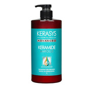 ProtoClinical k-beauty Kerasys Advanced Keramide Ampoule Thickening Care Treatment 1L single upright teal bottle centered on a pale aqua background with soft pink side accents.