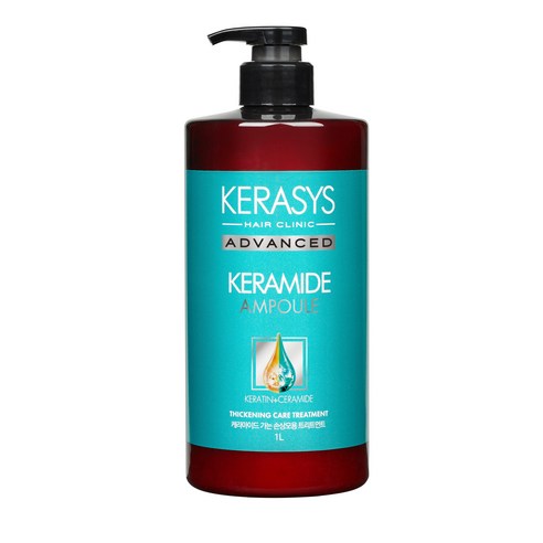 ProtoClinical k-beauty Kerasys Advanced Keramide Ampoule Thickening Care Treatment 1L single upright teal bottle centered on a pale aqua background with soft pink side accents.