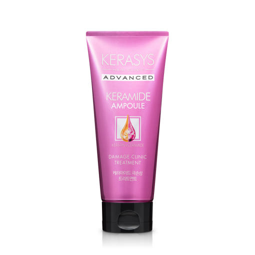 ProtoClinical k-beauty Kerasys Advanced Keramide Ampoule Damage Clinic Treatment 200ml single upright lavender bottle centered on a pale mint background with soft pink side accents.