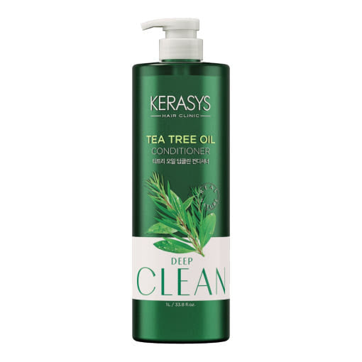 ProtoClinical k-beauty Kerasys Tea Tree Oil Conditioner 1L in a single tall green bottle centered on a white background