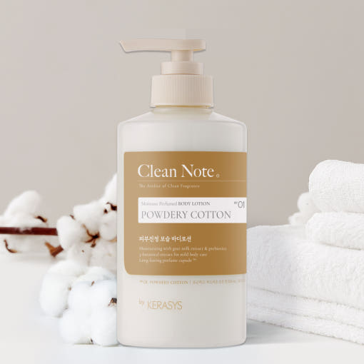 ProtoClinical k-beauty Kerasys Clean Note Moisture Perfumed Body Lotion 500ml in a slim beige bottle standing upright on a soft gray background