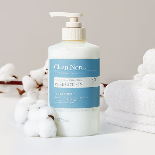 ProtoClinical k-beauty Kerasys Clean Note Moisture Perfumed Body Lotion 500ml in a slim beige bottle standing upright on a soft gray background