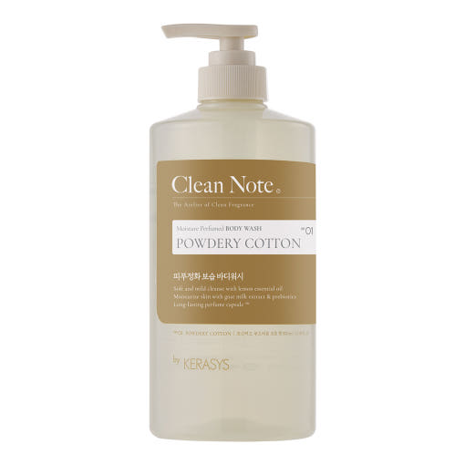 ProtoClinical k-beauty Kerasys Clean Note Moisture Perfumed Body Wash 800ml in a single upright warm beige bottle centered on a cream and pale blue background