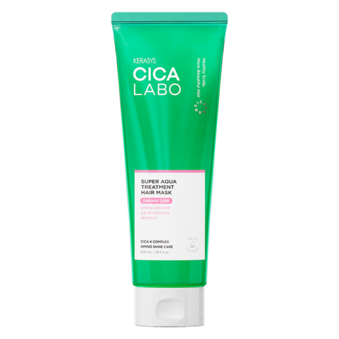 ProtoClinical k-beauty KERASYS: Cica Labo Super Aqua Treatment Hair Mask (250ml) single upright green hair mask bottle with pink side accents on a white background