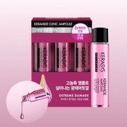 ProtoClinical k-beauty Kerasys Advanced Keramide Ampoule Extreme Damage 10ml X 9ea as a single centered magenta ampoule package on a pale pink background with soft pink side shading