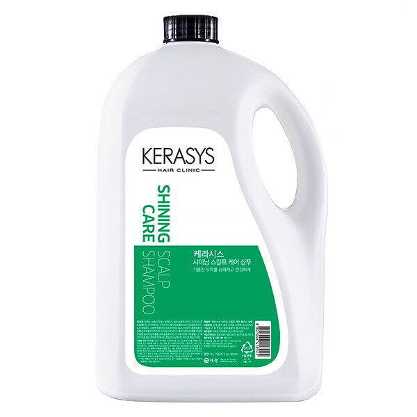 ProtoClinical k-beauty Kerasys Shining Scalp Care Shampoo 4L large upright shampoo container centered on a pale background