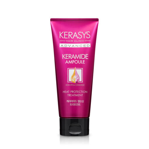 ProtoClinical k-beauty Kerasys Advanced Keramide Ampoule Heat Protection Treatment 200ml as a single upright pink treatment tube with a darker plum base centered on white with pale mint side accents
