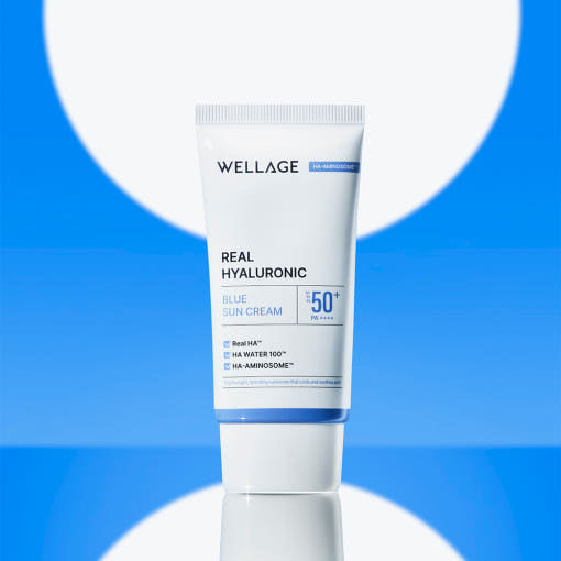 ProtoClinical k-beauty WELLAGE Real Hyaluronic Blue Sun Cream SPF50+ PA++++ 50ml single upright sun cream tube with blue-and-cream packaging on a light background.