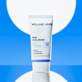 ProtoClinical k-beauty WELLAGE Real Hyaluronic Blue Sun Cream SPF50+ PA++++ 50ml single upright sun cream tube with blue-and-cream packaging on a light background.