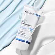 ProtoClinical k-beauty WELLAGE Real Hyaluronic Blue Sun Cream SPF50+ PA++++ 50ml single upright sun cream tube with blue-and-cream packaging on a light background.