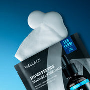 ProtoClinical k-beauty WELLAGE: Hyper Peptide Bandage Lifting Mask Ea (25ml x 5) single pale vertical bottle silhouette centered on a dark blue background with bright aqua side shading