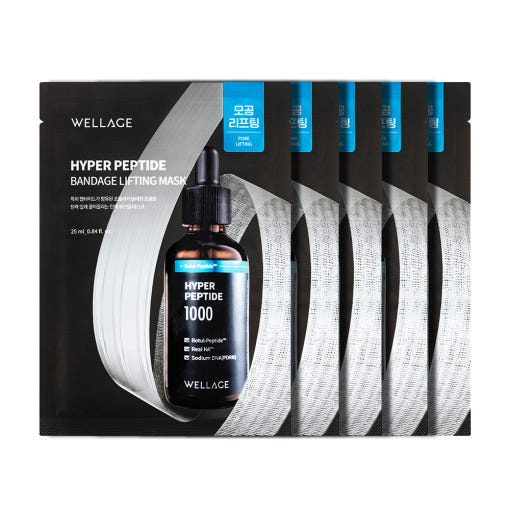 ProtoClinical k-beauty WELLAGE: Hyper Peptide Bandage Lifting Mask Ea (25ml x 5) dark blue mask pack panels side by side with pale center highlights