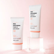ProtoClinical k-beauty WELLAGE Real Hyaluronic Tone-up Sun Cream SPF50+ PA++++ 50ml single upright sun cream tube in blush beige packaging on a light background.