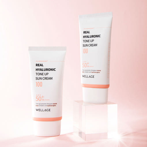 ProtoClinical k-beauty WELLAGE Real Hyaluronic Tone-up Sun Cream SPF50+ PA++++ 50ml single upright sun cream tube in blush beige packaging on a light background.