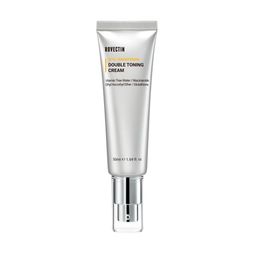 ProtoClinical k-beauty ROVECTIN Vita Double Toning Cream 50ml beauty product silhouette with a pale taupe vertical center on a light background.