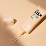 ProtoClinical k-beauty [so natural] ALL DAY SUN FIXX SKIN FIT BEIGE SPF50+ PA++++ 50ml single upright beige sun cream tube on a light background.
