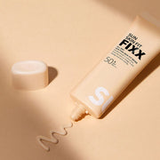 ProtoClinical k-beauty [so natural] ALL DAY SUN FIXX SKIN FIT BEIGE SPF50+ PA++++ 50ml single upright beige sun cream tube on a light background.
