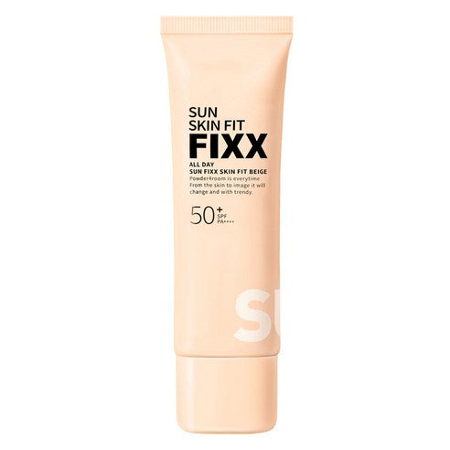 ProtoClinical k-beauty [so natural] ALL DAY SUN FIXX SKIN FIT BEIGE SPF50+ PA++++ 50ml single upright beige sun cream tube on a light background.