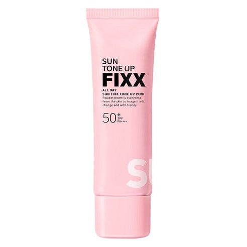 ProtoClinical k-beauty [so natural] ALL DAY SUN FIXX TONE UP PINK SPF50+ PA++++ 50ml single upright pink sun cream tube on a light background.