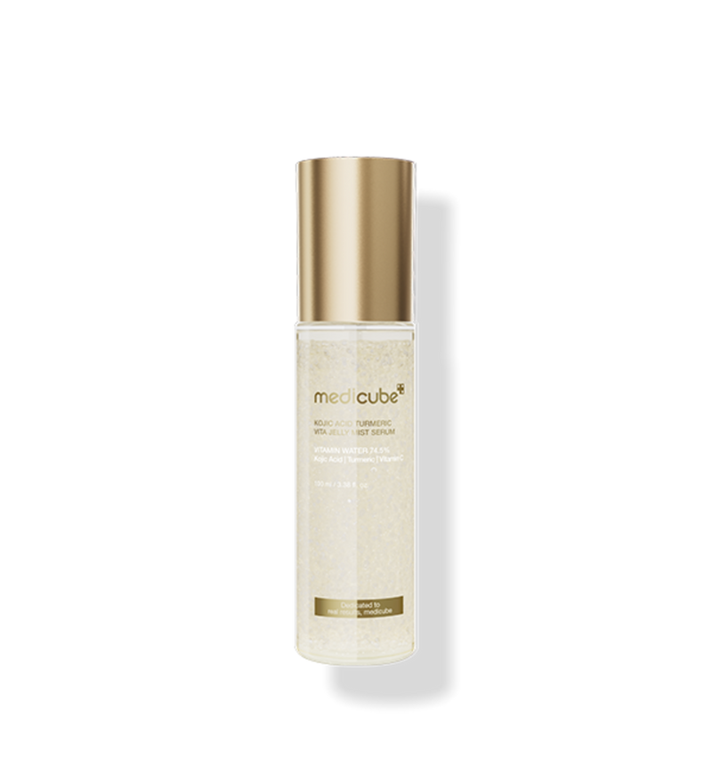 ProtoClinical k-beauty MEDICUBE: Kojic Acid Termeric Vita Jelly Mist Serum (100ml) single package centered on a light background