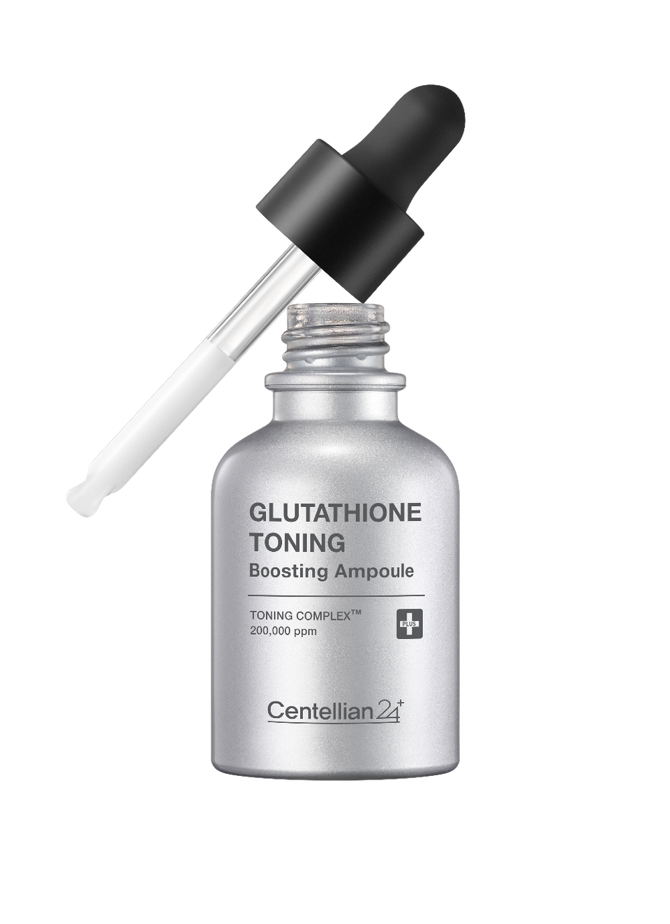 ProtoClinical k-beauty CENTELLIAN24 Glutathione Toning Ampoule 30ml open silver bottle with a black dropper angled above it on a dark background