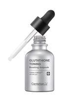 ProtoClinical k-beauty CENTELLIAN24 Glutathione Toning Ampoule 30ml open silver bottle with a black dropper angled above it on a dark background