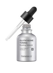 ProtoClinical k-beauty CENTELLIAN24 Glutathione Toning Ampoule 30ml open silver bottle with a black dropper angled above it on a dark background
