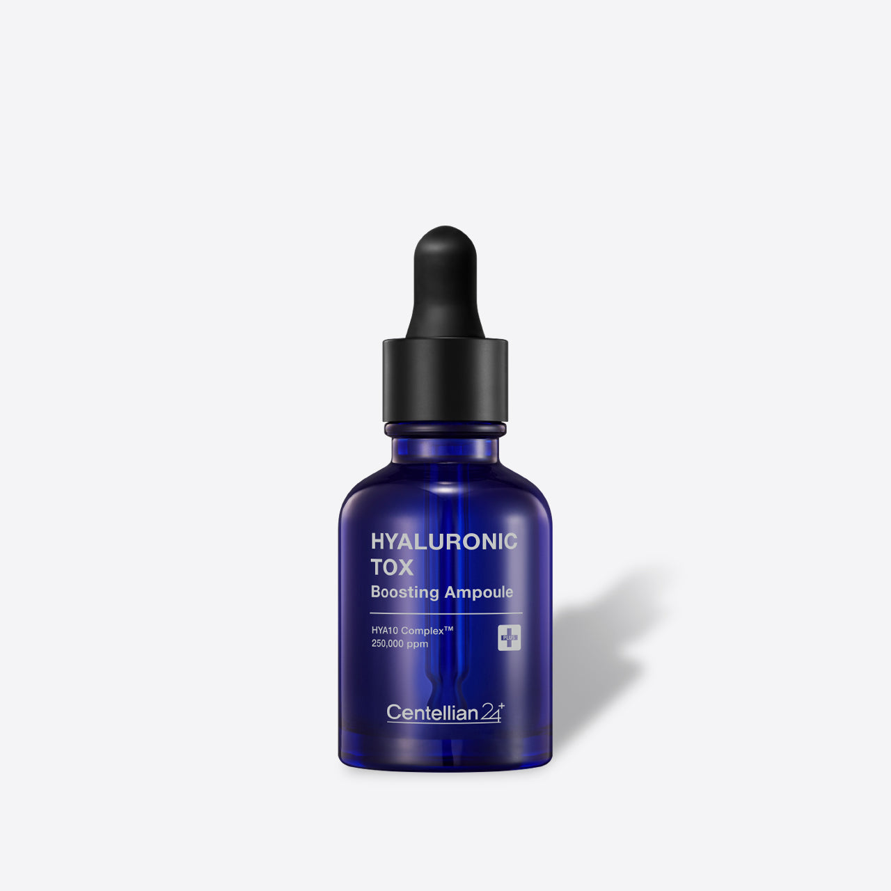 ProtoClinical k-beauty CENTELLIAN24 Hyaluronic Tox Ampoule 30ml cobalt blue dropper bottle centered upright on a pale gray background with a soft side shadow