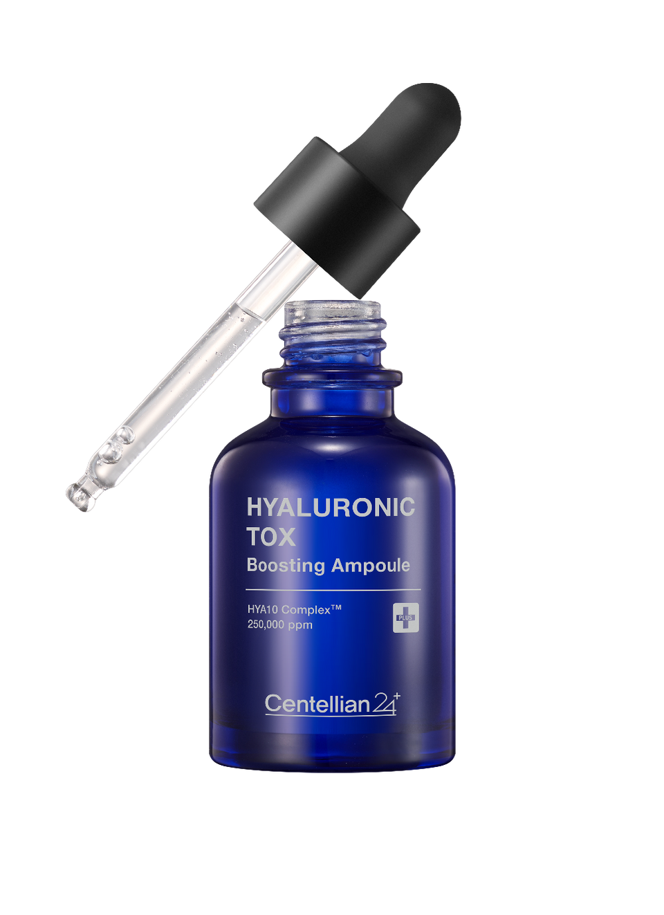 ProtoClinical k-beauty CENTELLIAN24 Hyaluronic Tox Ampoule 30ml cobalt blue dropper bottle with a black cap and clear pipette angled above the open bottle on a black background