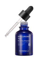 ProtoClinical k-beauty CENTELLIAN24 Hyaluronic Tox Ampoule 30ml cobalt blue dropper bottle with a black cap and clear pipette angled above the open bottle on a black background