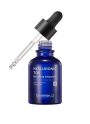 ProtoClinical k-beauty CENTELLIAN24 Hyaluronic Tox Ampoule 30ml cobalt blue dropper bottle with a black cap and clear pipette angled above the open bottle on a black background