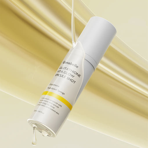 ProtoClinical k-beauty Genabelle Glutathione Vita Glow Spicule Shot 30ml gold and beige product set on a light cream background