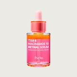 ProtoClinical k-beauty [PURITO SEOUL] TXA 6 Niacinamide 10 Retinal Serum 30ml abstract beauty graphic with blush pink and mauve vertical forms on a pale background