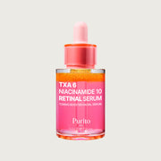 ProtoClinical k-beauty [PURITO SEOUL] TXA 6 Niacinamide 10 Retinal Serum 30ml abstract beauty graphic with blush pink and mauve vertical forms on a pale background
