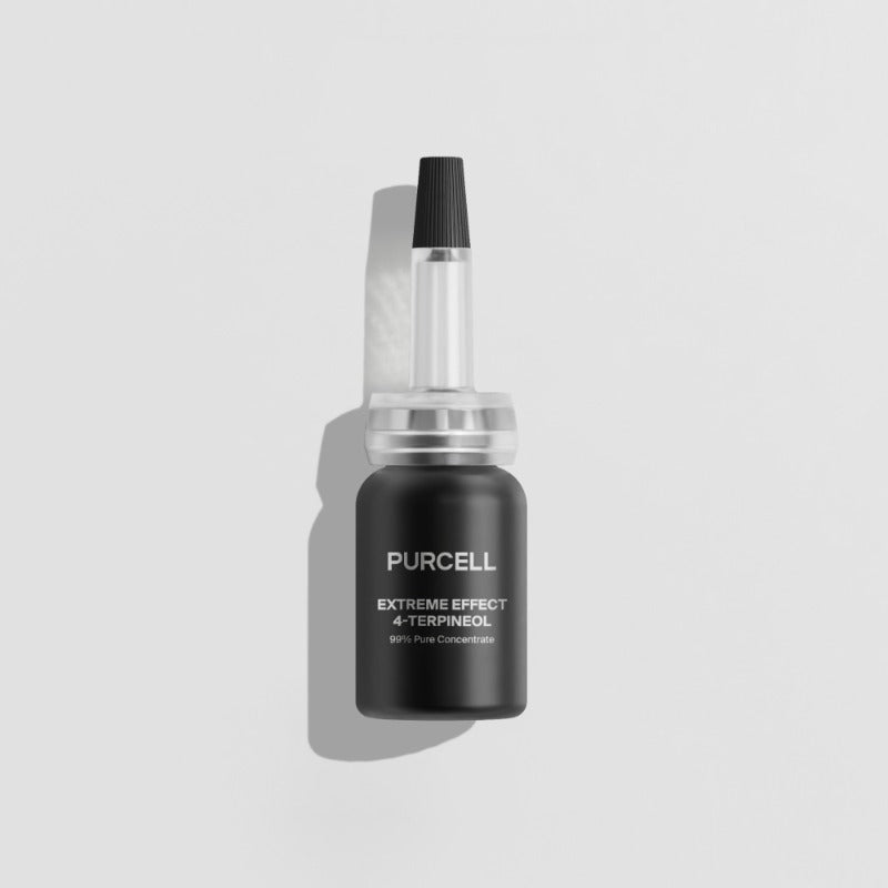 ProtoClinical k-beauty PURCELL Extreme Effect 4-Terpineol 10ml abstract beauty graphic with a dark charcoal vertical center on a soft cream background
